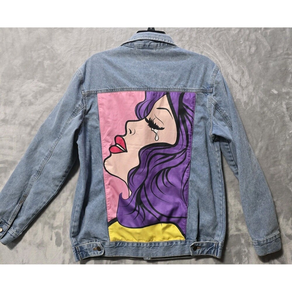 Chemistry Pop Art Culture Jean Jacket Coat Large Blue Denim Distressed Woman